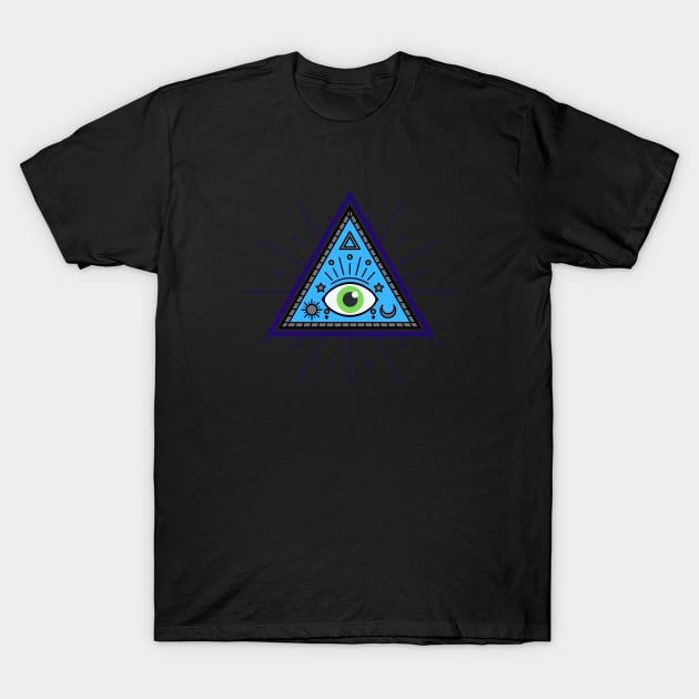 All Seeing eye - blue and grey with green eye T-Shirt by Just In Tee Shirts